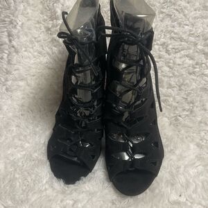 Chinese laundry synthetic black suede lace up cut out ankle heels peep toe SZ10
